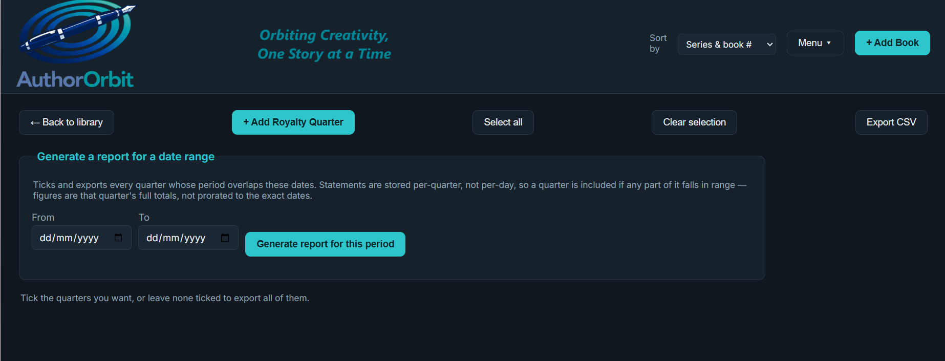 The Royalty Table screen, with a date-range report builder and buttons to add a quarter or export to CSV.
