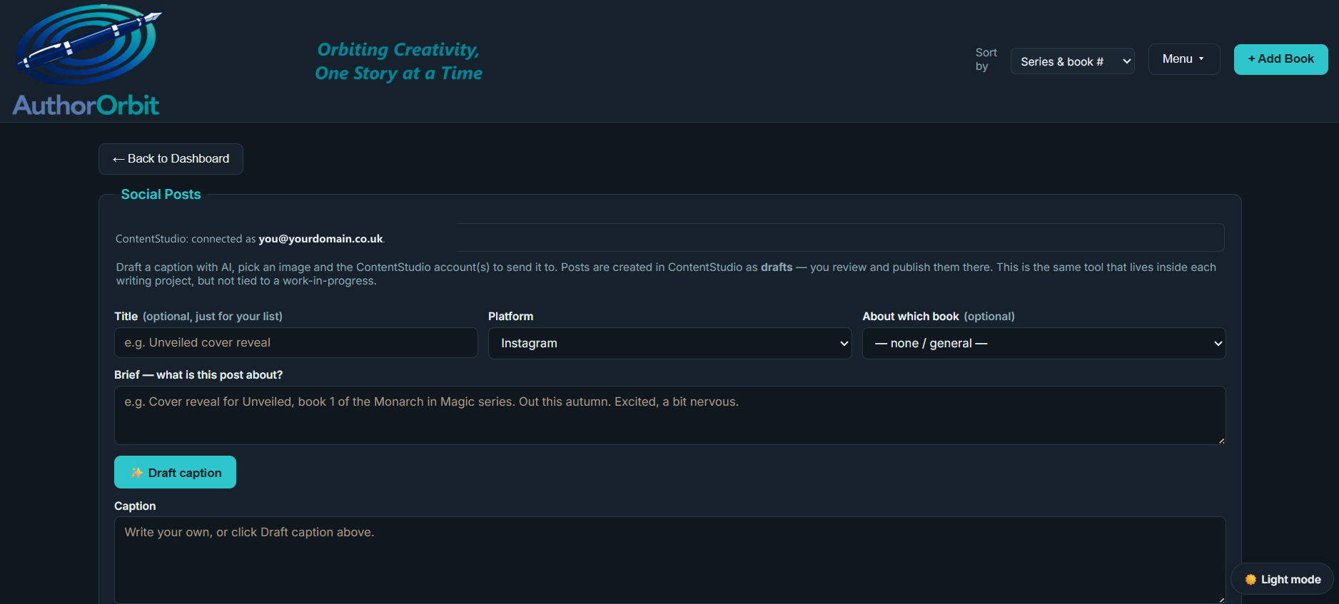 The Social Posts screen, where you pick a platform, link a book and write a short brief before drafting a caption.